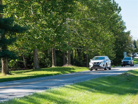 Two vehicles drive along Carriage Road with trees in the background